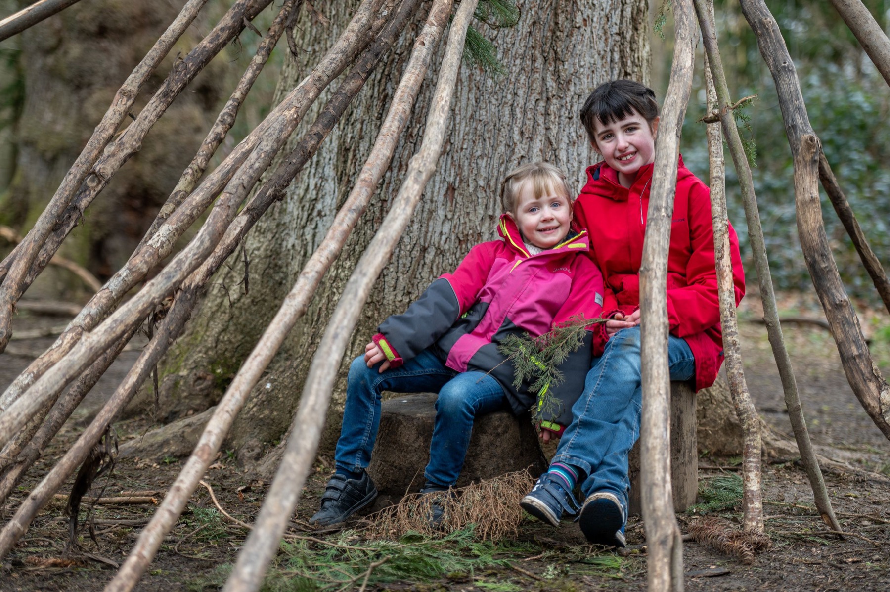 Two children sitting together in a woodland den made from branches